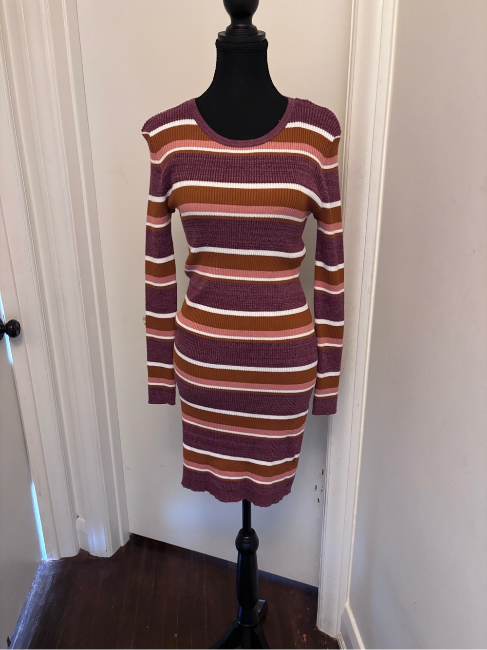 Pink Rose Striped Long Sleeve Knit Dress in Plum and Brown